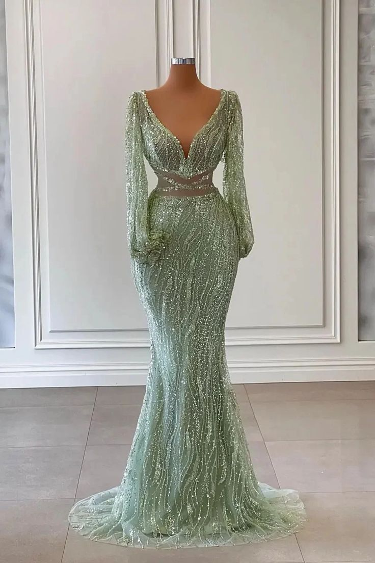 Light Green Long Sleeves V-Neck Mermaid Evening Dress With Sequins Beads Y6659 - VelvetHem