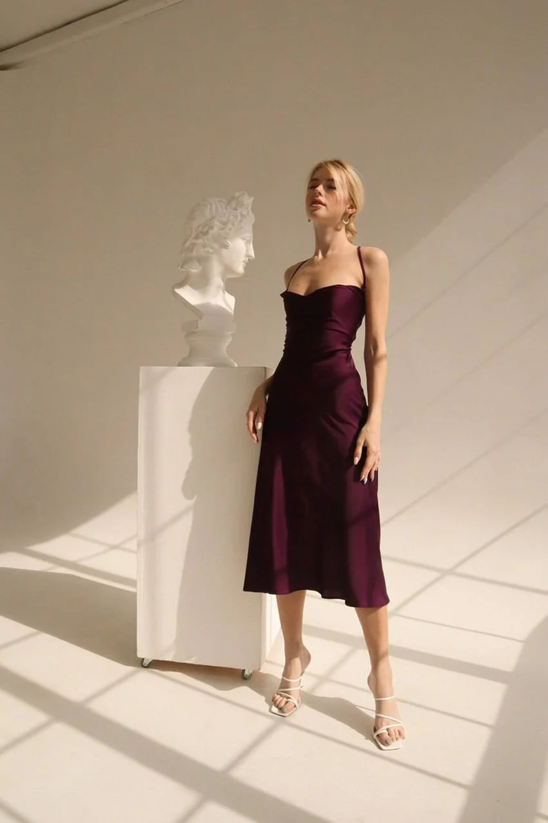 Midi Silk Slip Dress With Cowl Neck Sheath Backless Party Dress - View 4 | VelvetHem