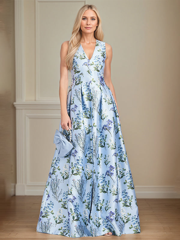 A-Line V-Neck Light Blue Floral Mother of the Bride Dress - VelvetHem