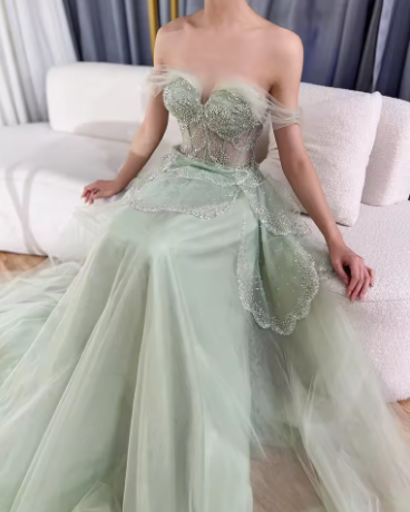 Off The Shoulder Tulle Beaded Evening Dress,Shiny Sage Green Prom Party Dress - View 2 | VelvetHem