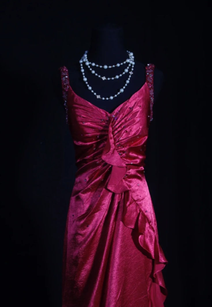 Pretty V Neck Hot Pink Satin Pleated Beaded Ruffles Mermaid Evening Dress Long Prom Dress - View 2 | VelvetHem