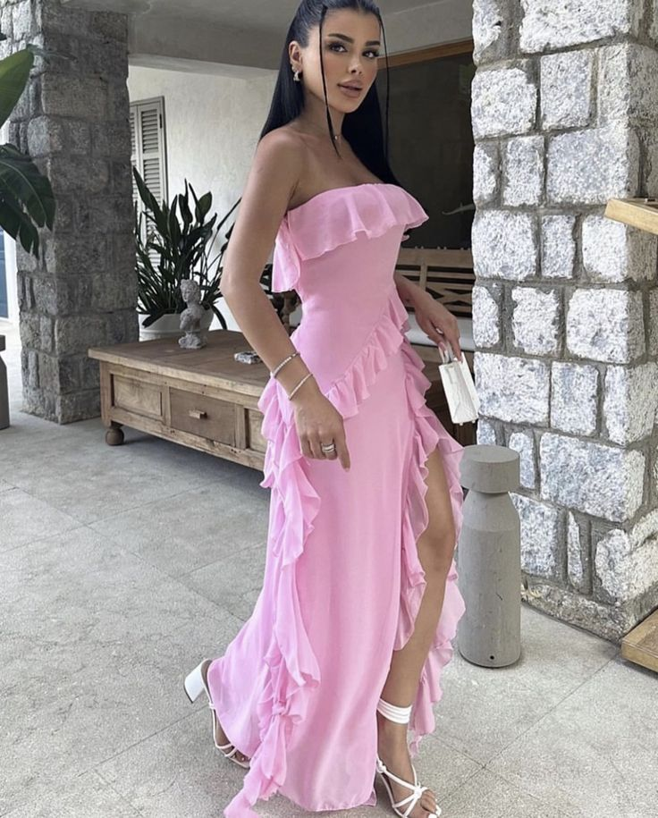 Pink Strapless Chiffon Ruffle Evening Dress,Slit Party Prom Dress - VelvetHem