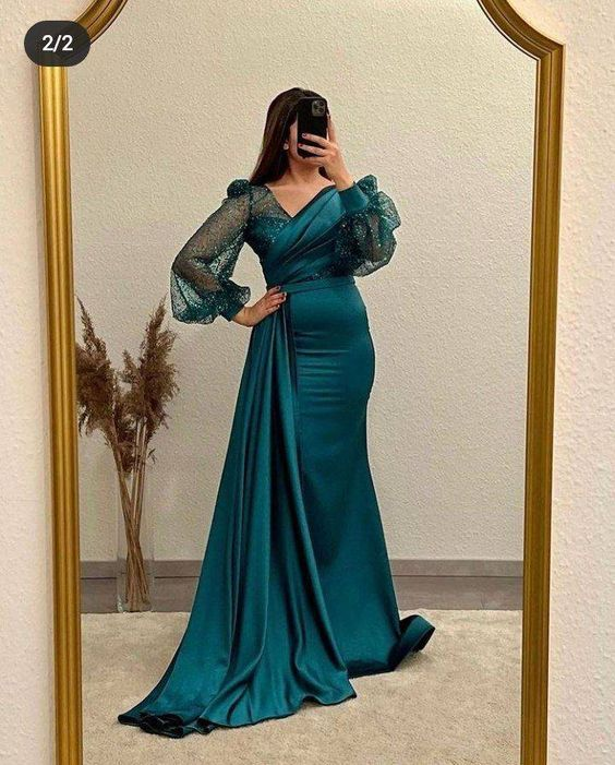 Mermaid V Neck Satin Evening Dress Long Sleeves - VelvetHem