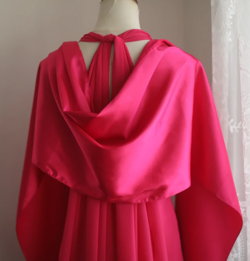 Glamorous Halter Hot Pink Satin Chiffon Mermaid Long Party Dress Formal Birthday Prom Gowns With Cape - View 7 | VelvetHem