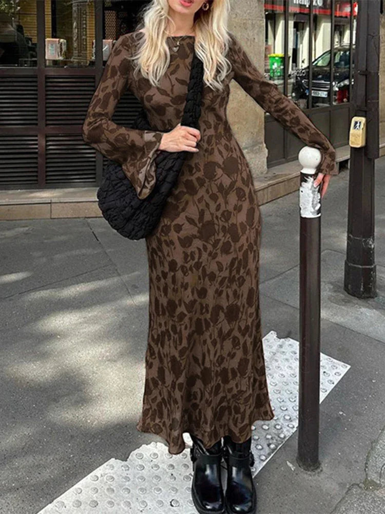 New Street Slim Retro Print High Waist Femme Bodycon Maxi Dress