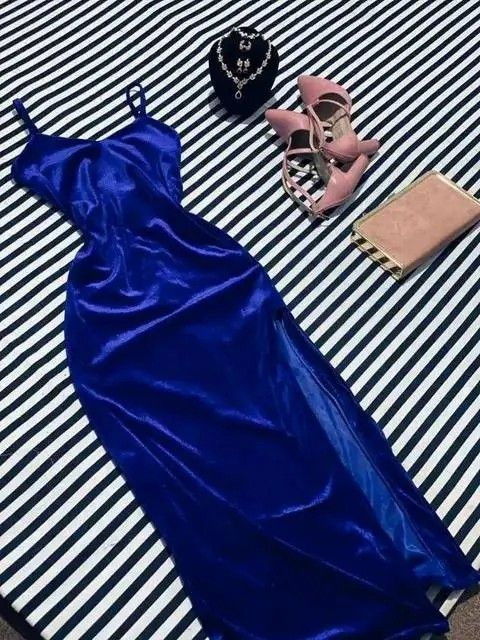 Sexy Spaghetti Straps Velvet Sheath Slit Evening Dress Blue Party Prom Dress - VelvetHem