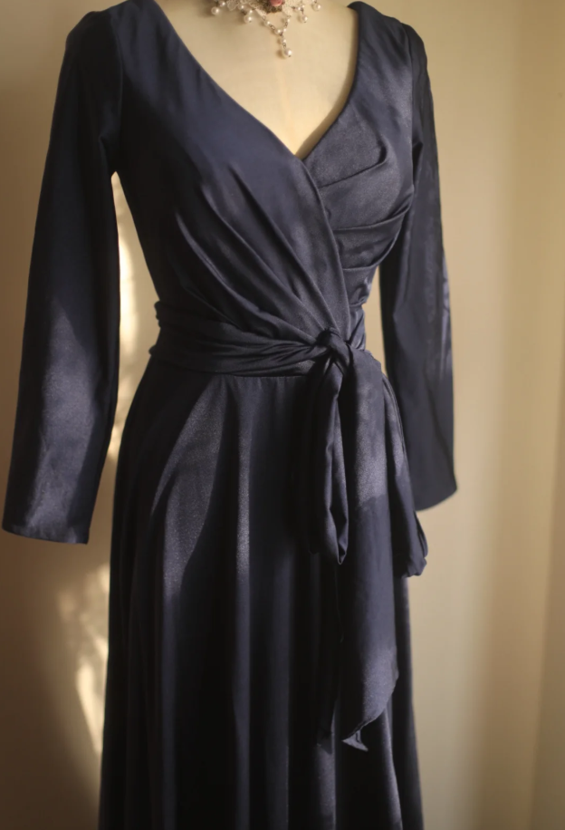 Elegant V Neck Navy Blue Satin Mermaid Long Wedding Guest Dress Formal Birthday Evening Dress - View 5 | VelvetHem