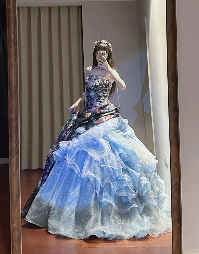 Unique Strapless Satin Print Floral Tulle Sequin Sweet 16 Dress Formal Quinceanera Dress - View 3 | VelvetHem