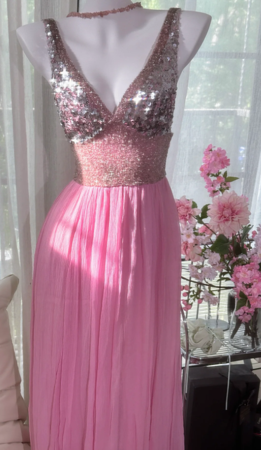 Pretty Pink V Neck Sequin Chiffon A Line Long Wedding Guest Dress Formal Party Dress Prom Dresses - View 5 | VelvetHem