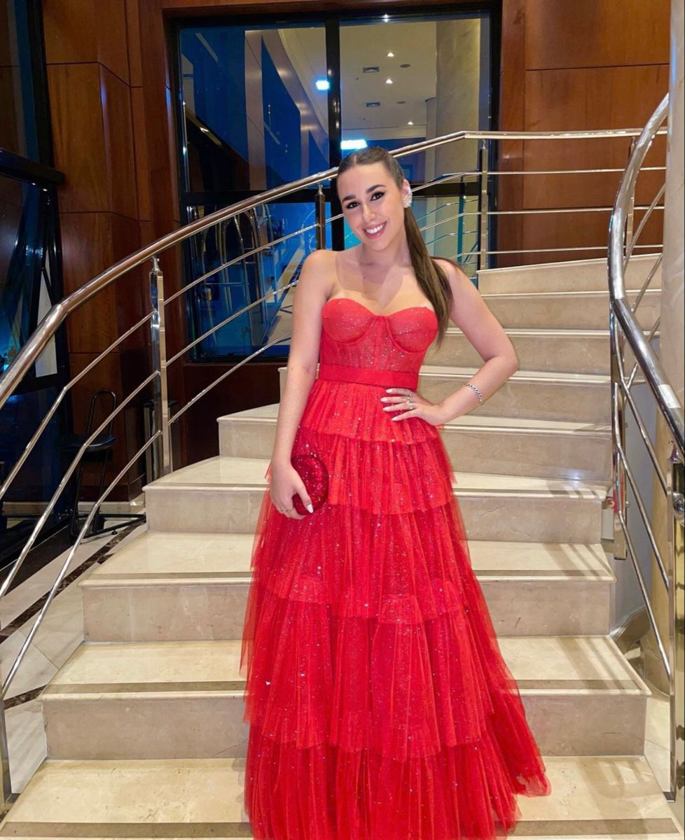 Red Multi-Layers Strapless A-line Tulle Long Evening Dress - VelvetHem