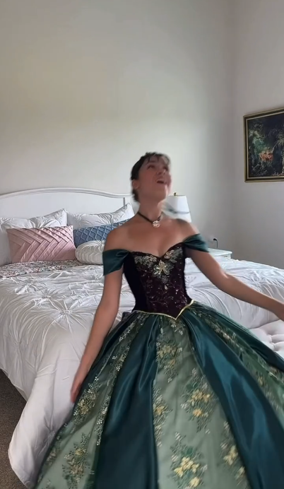 Vintage Off The Shoulder Green Satin Lace Applique Ball Gown Sweet 16 Dress - View 6 | VelvetHem