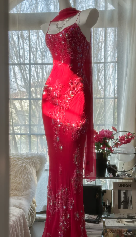 Pretty Red Spaghetti Straps Chiffon Beaded Mermaid Evening Dress Long Birthday Party Dress Prom Gown - View 3 | VelvetHem