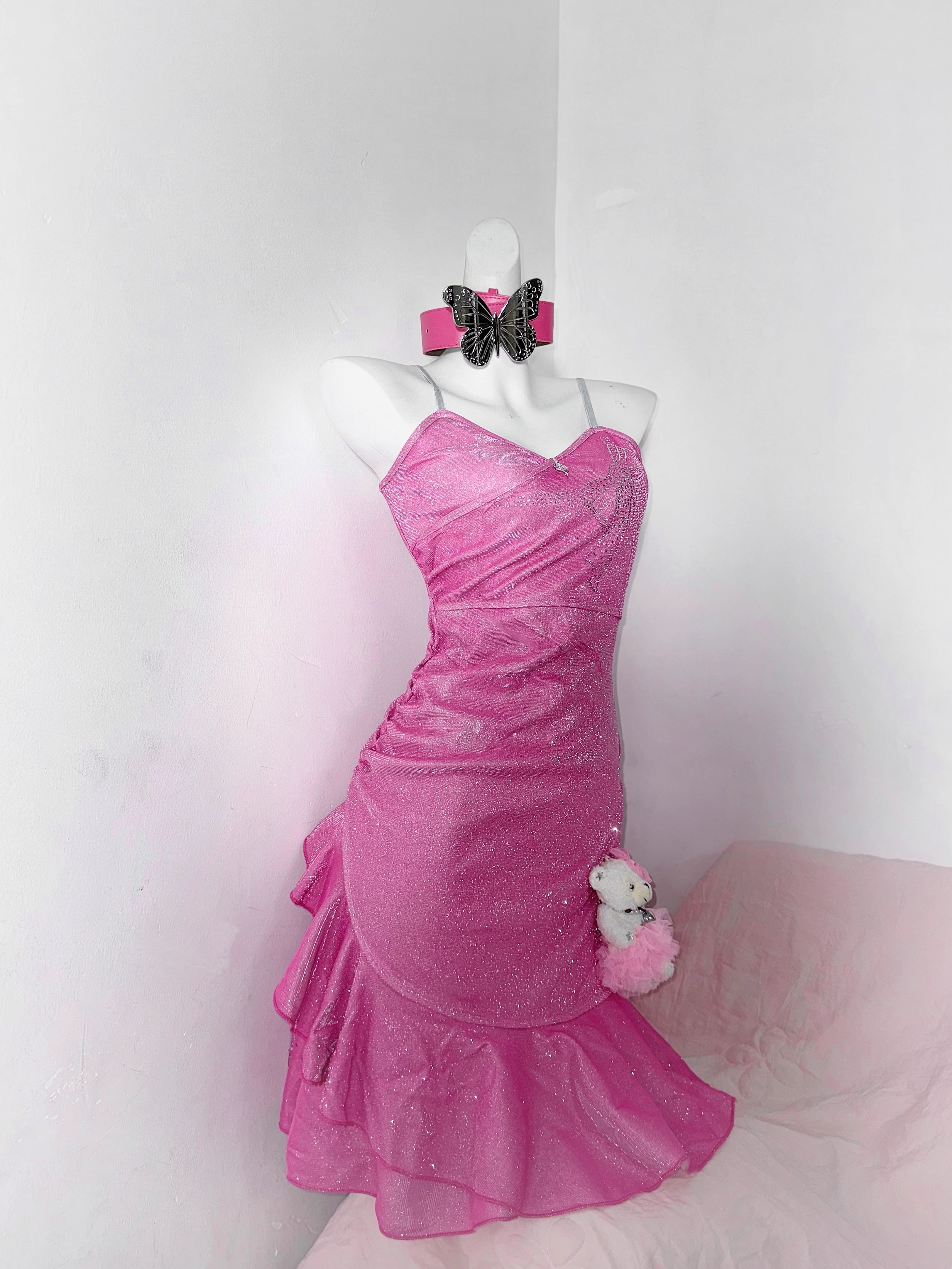 Pretty Pink Ruffles Birthday Outfits Spaghetti Straps Graduation Homecoming Dress