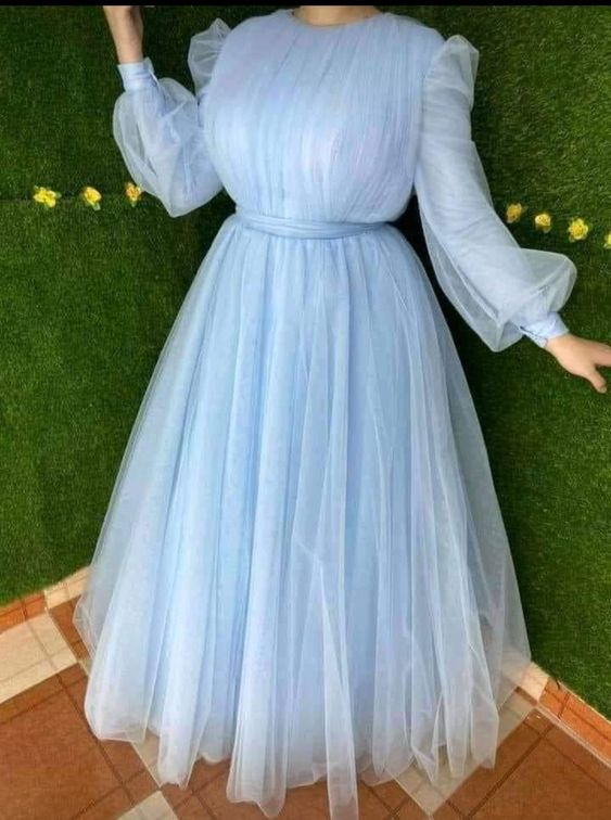 Modest Blue A-line Tulle Prom Dress,Blue Senior Prom Gown - VelvetHem