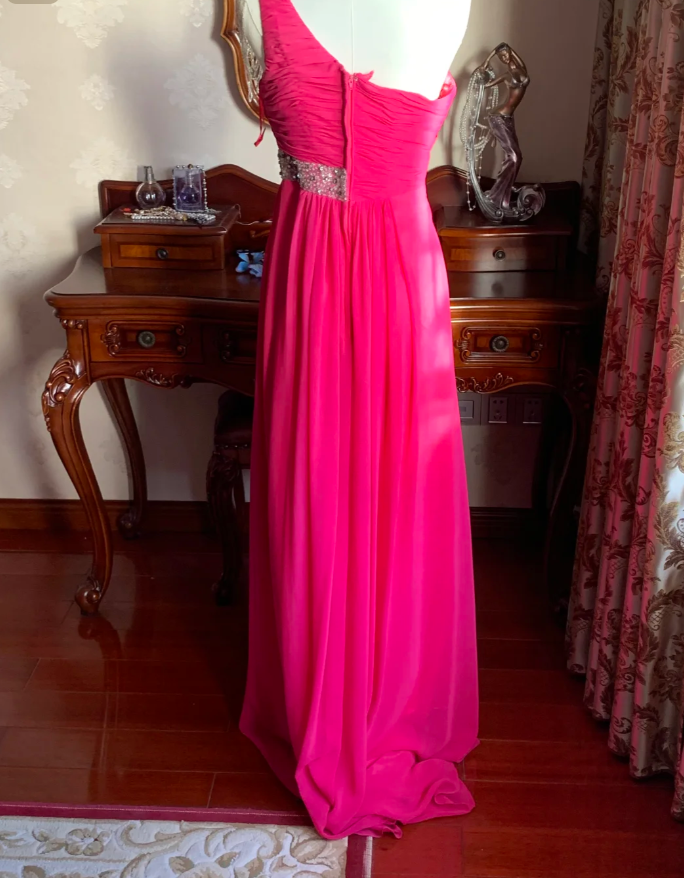 Pretty Rose Red One Shoulder Chiffon Pleated Beaded Evening Dress Long Wedding Guest Dress - View 5 | VelvetHem