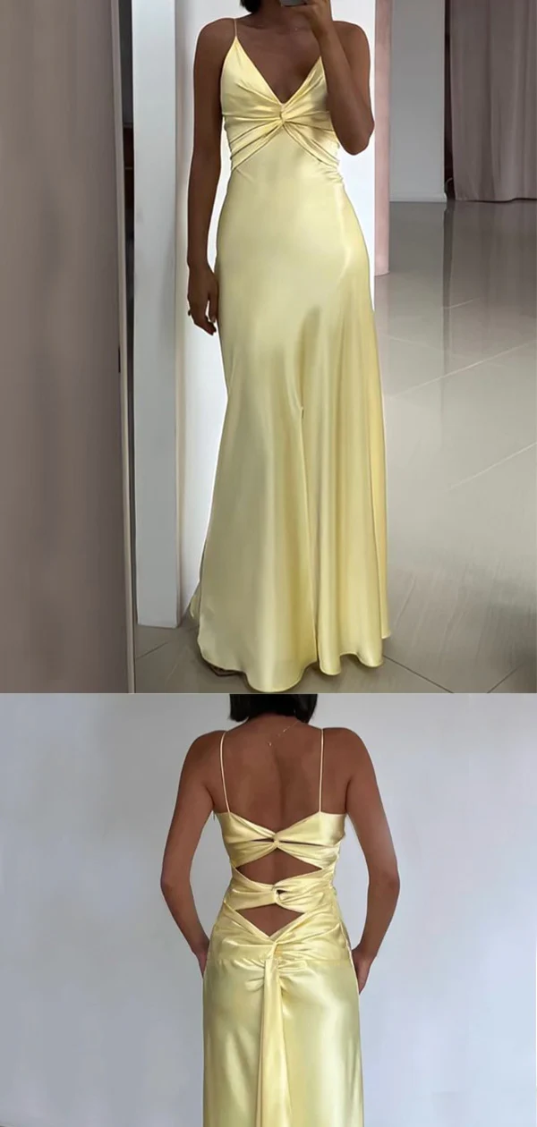 Sexy Spaghetti Strap Yellow Mermaid Satin Evening Prom Dress,Long Party Dress - View 4 | VelvetHem