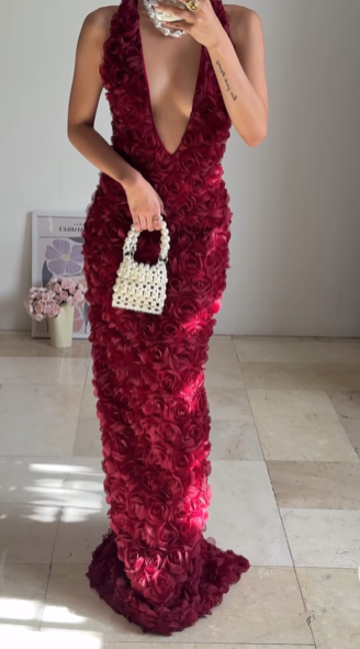 Gorgeous Deep V Burgundy Rose Flowers Sheath Long Prom Dress Evening Dress Y8504 - VelvetHem