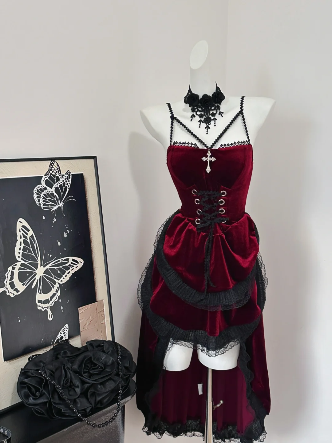 Pretty Red Velvet Lace Layered Birthday Dress Spaghetti Straps Short Graduation Homecoming Dress