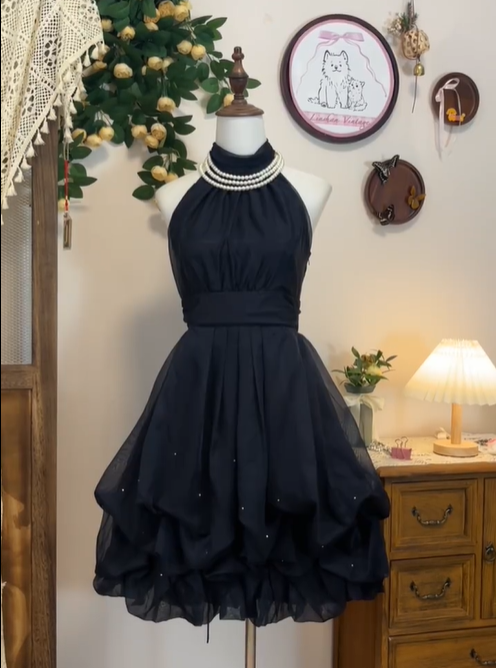 Simple Black Halter Tulle A Line 7th Grade Homecoming Dress Cocktail Dress - VelvetHem