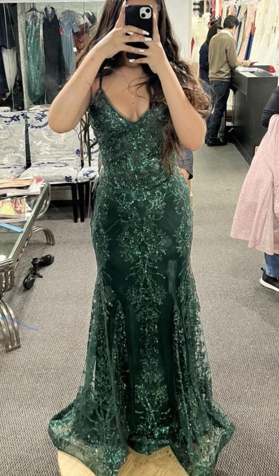 Unique Green Lace Mermaid Evening Gown Long Prom Dress - VelvetHem