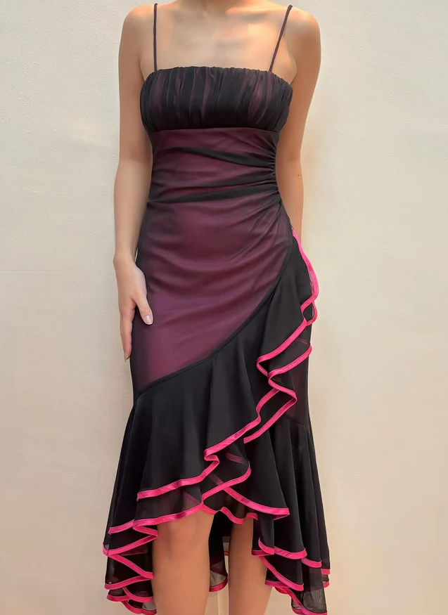 Vintage Straps Mermaid Ruffle Prom Dress Unique Chiffon Party Evening Gown - VelvetHem