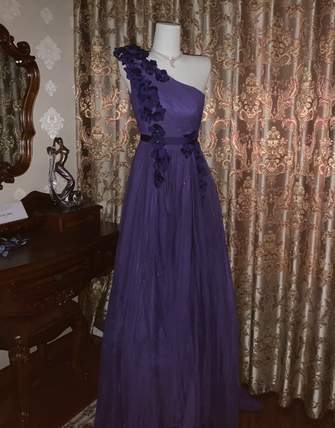 Elegant Purple One Shoulder Tulle Appliques A Line Wedding Guest Dress Long Party Dress - View 7 | VelvetHem