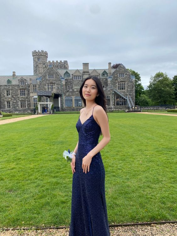 Navy Blue Sequins Sparkly Mermaid Spaghetti Straps Long Evening Prom Dress - VelvetHem