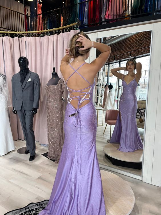 Charming Mermaid Straps Slit Beaded Backless Lilac Prom Dress - VelvetHem