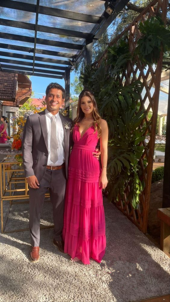 Generous Hot Pink V-Neck Sleeveless Prom Dresses Evening Dress Y1314 - VelvetHem
