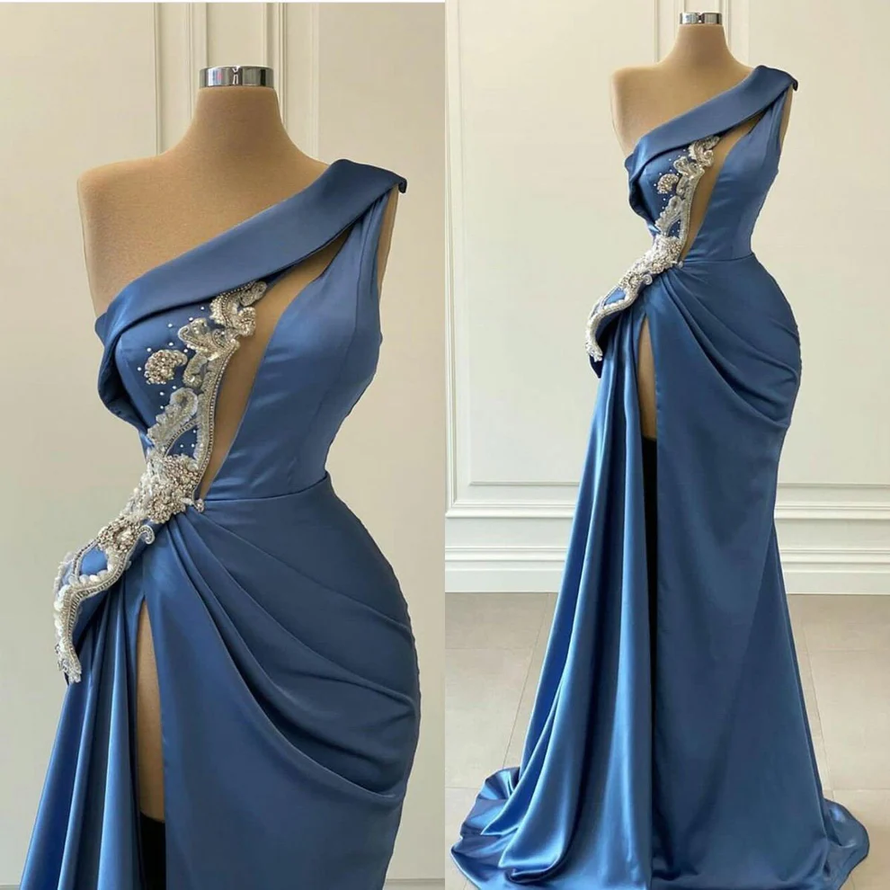 Blue Sexy Arabic Evening Gowns Robes Customize Party Dress Mermaid One Shoulder High Side Split Satin Beads Prom Dresses - VelvetHem