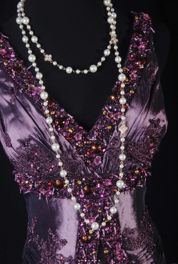 Vintage Purple V Neck Satin Beaded Mermaid Evening Dress Long Birthday Party Gown - View 5 | VelvetHem