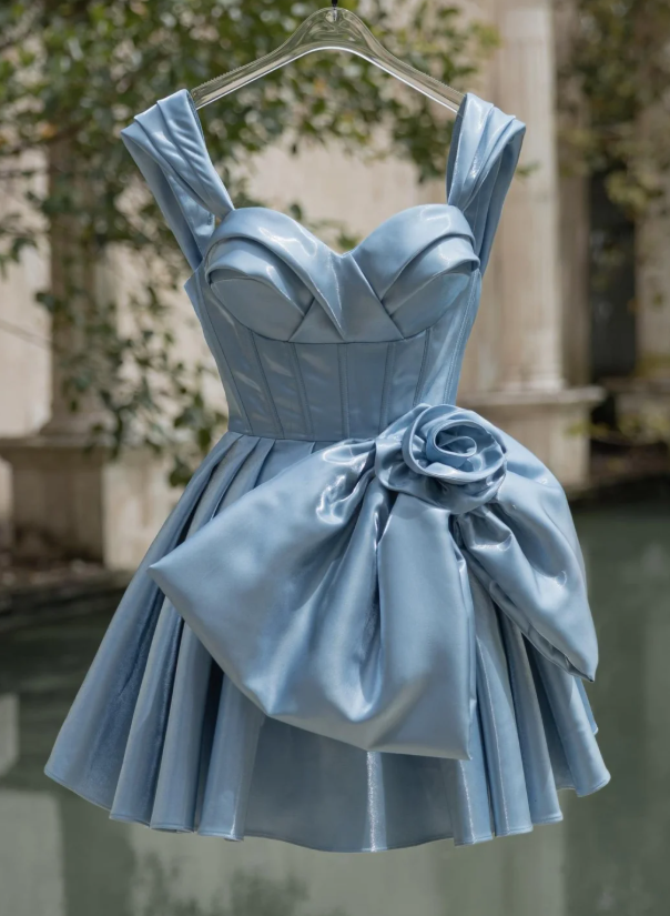 Classy Blue Satin A Line Short Homecoming Dress Birthday Outfits With Bow - VelvetHem