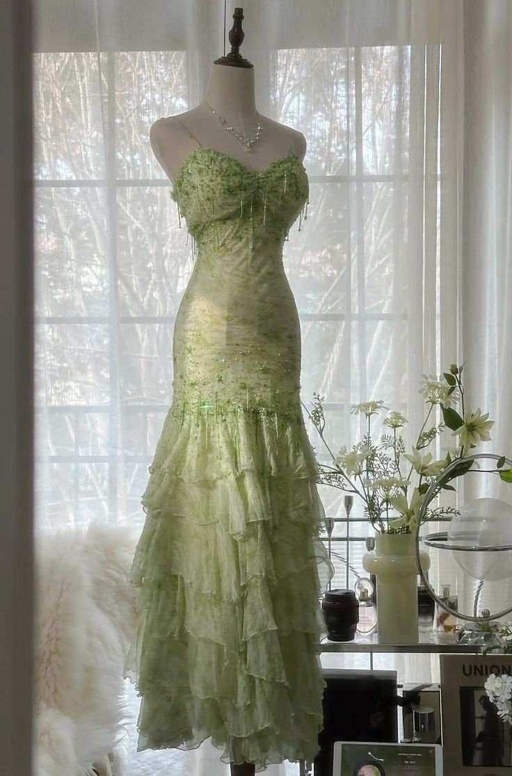 Classy Light Green Chiffon Beaded Mermaid Evening Dress,Spaghetti Straps Multi Layered Party Prom Dress - VelvetHem