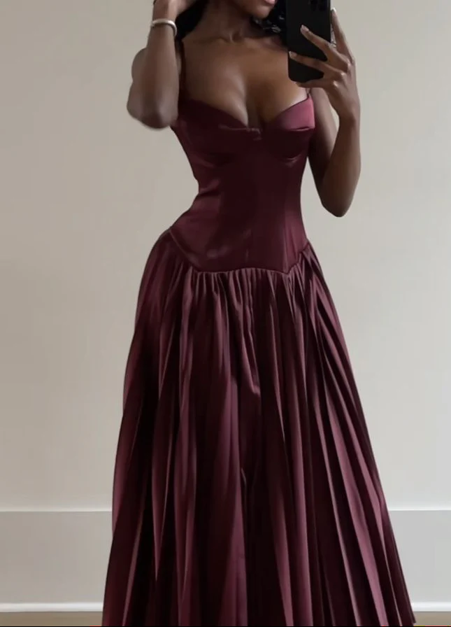 Burgundy Straps Long A Line Evening Dress Prom Dress - VelvetHem