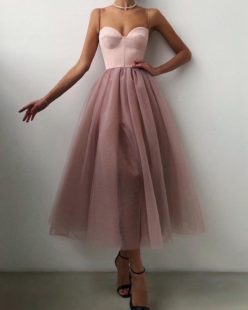 Spaghetti Strap Plain Sheer Evening Dress Simple Tulle Party Dress - VelvetHem
