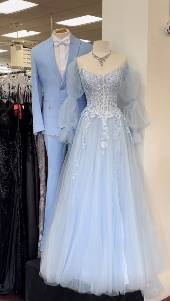 Light Blue A-line Lace Tulle Prom Dress,Fairy Princess Dress - VelvetHem