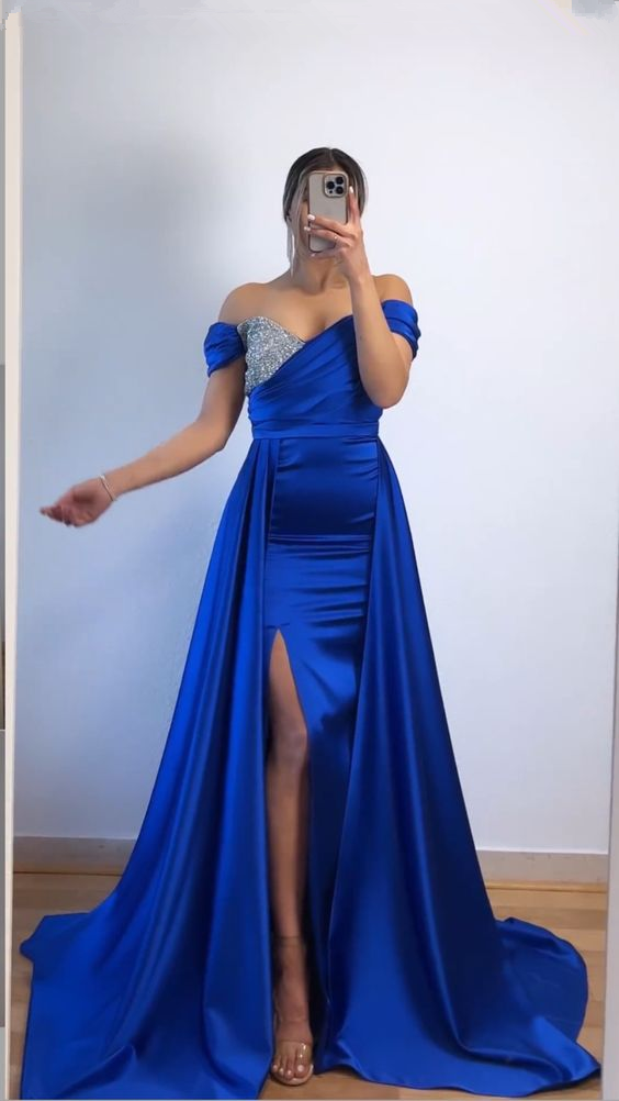 Off The Shoulder Royal Blue Evening Dress With Split Pageant Dress Y6005 - VelvetHem