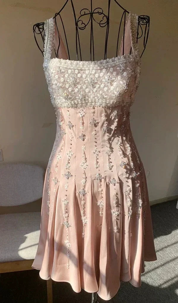 Luxury nude satin hand-beaded diamond homecoming dress (ZD12643)