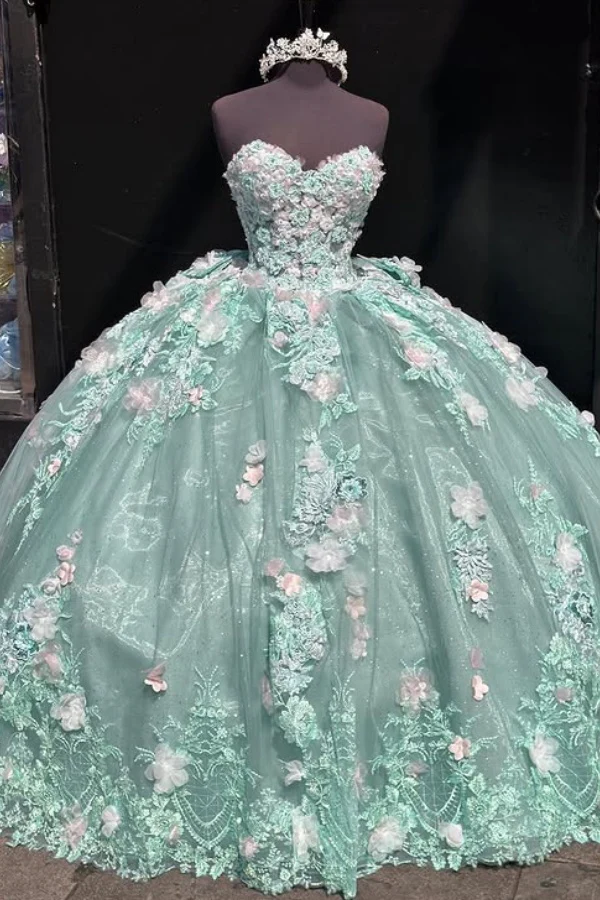 Luxury Sweet 16 Ball Gown Mint Green 3D Flower Appliques Tulle Quinceanera Dress Birthday Party Gown - VelvetHem