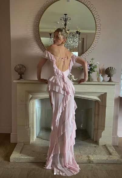 Sexy Off The Shoulder Pink Chiffon Ruffle Slit Long Party Dress Evening Gown Add Lining - View 4 | VelvetHem