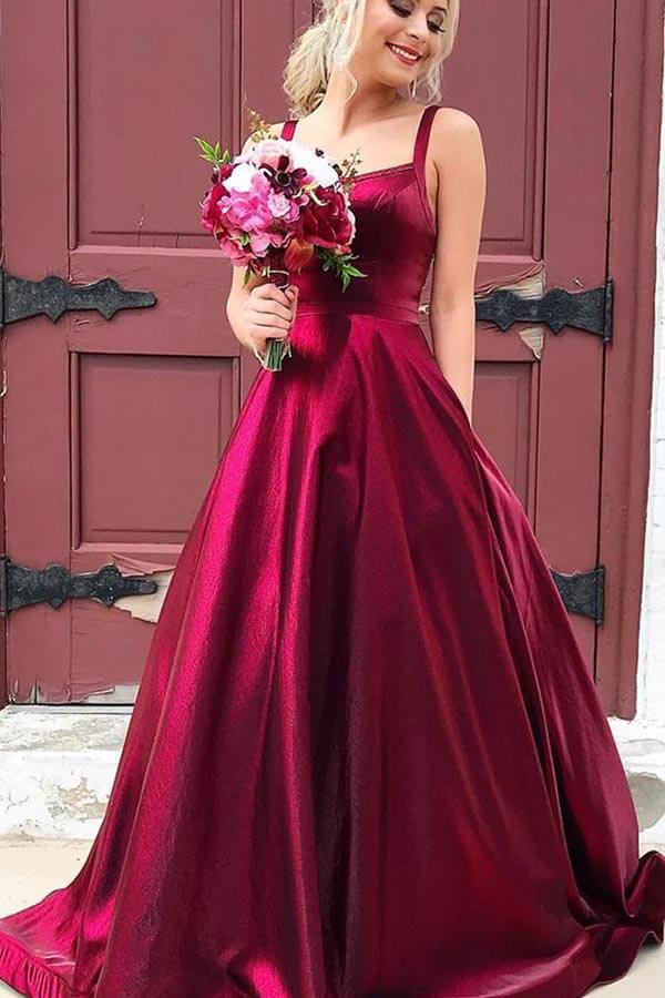 Taffeta A-line Scoop Spaghetti Straps Long Prom Dresses With Pockets - VelvetHem