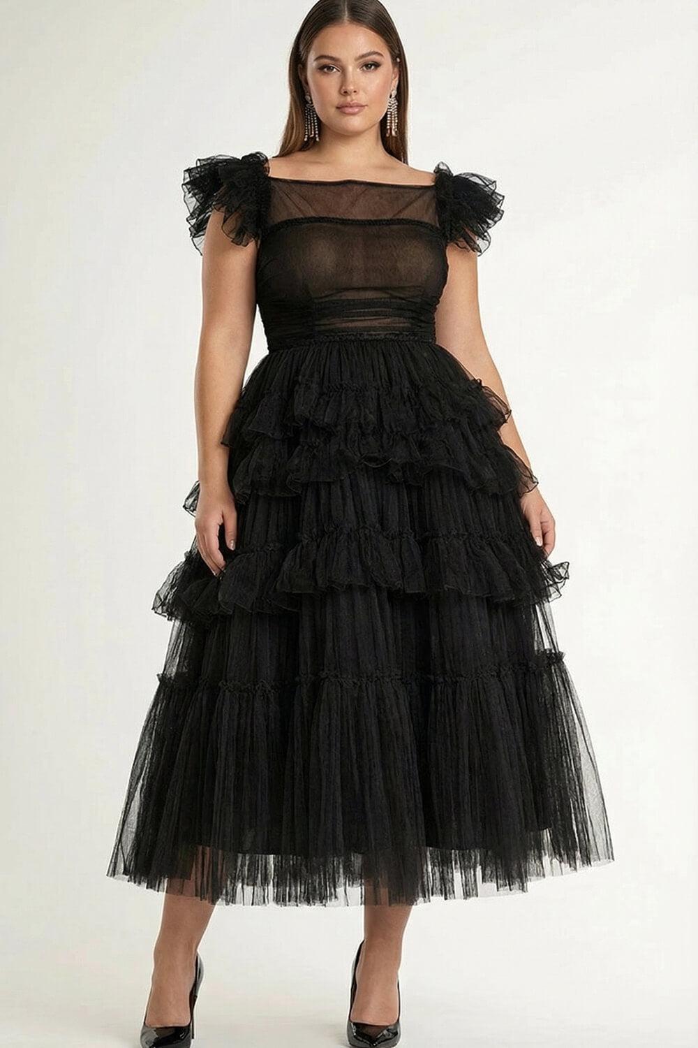 Tea Length Black Wedding Guest Dress A-Line Flatter Sleeves Tulle Formal Dress With Ruffles