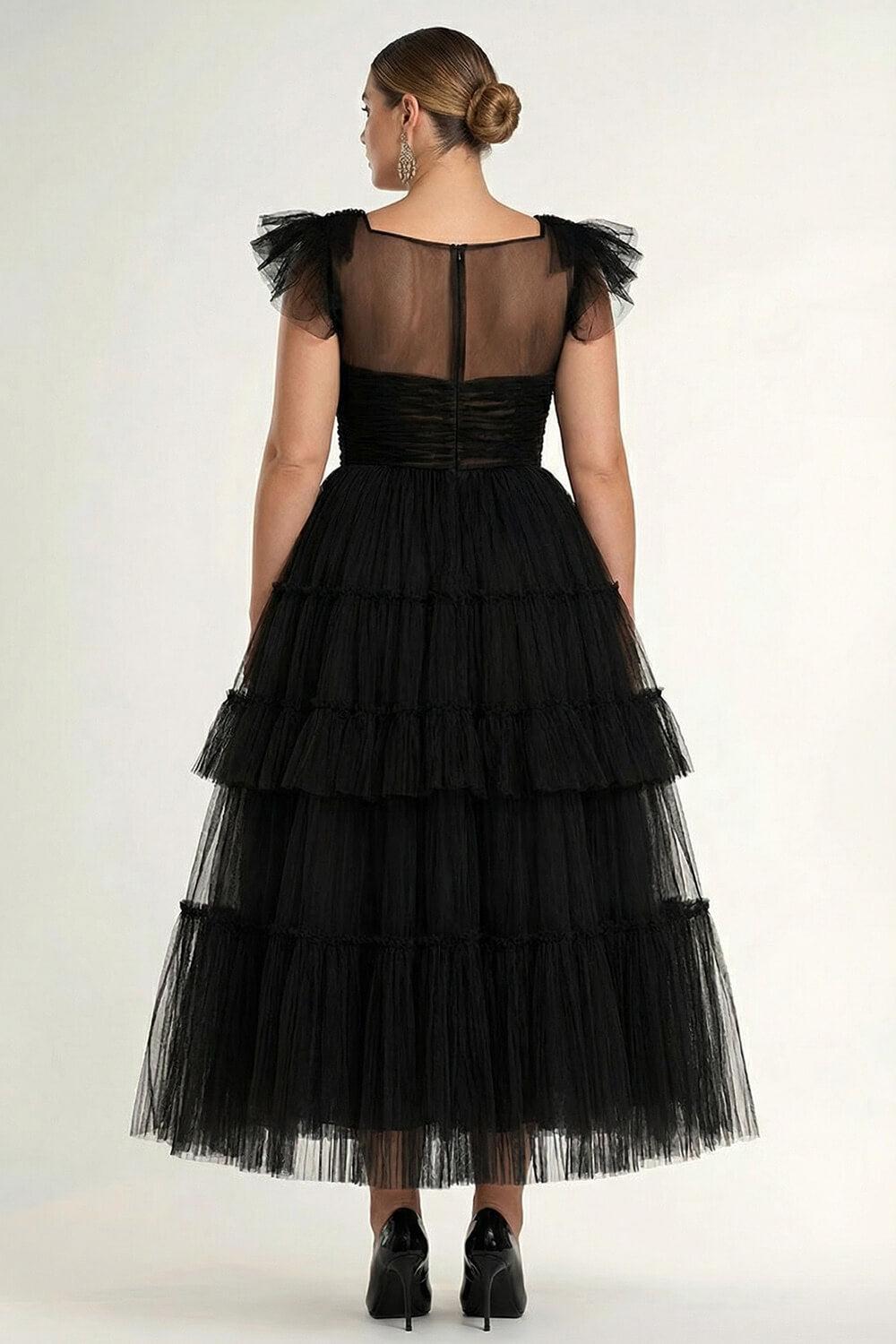 Tea Length Black Wedding Guest Dress A-Line Flatter Sleeves Tulle Formal Dress With Ruffles