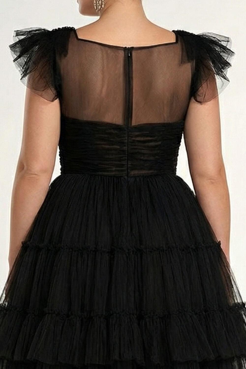 Tea Length Black Wedding Guest Dress A-Line Flatter Sleeves Tulle Formal Dress With Ruffles