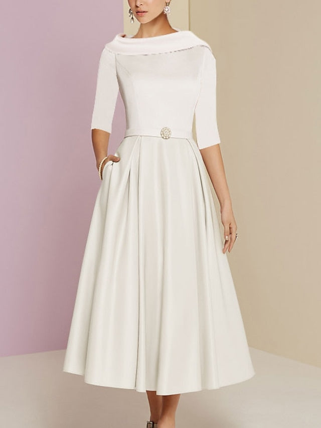 Tea Length Mother of the Bride A Line Dress with Jewel Neckline Half Sleeves Pleats and Pockets