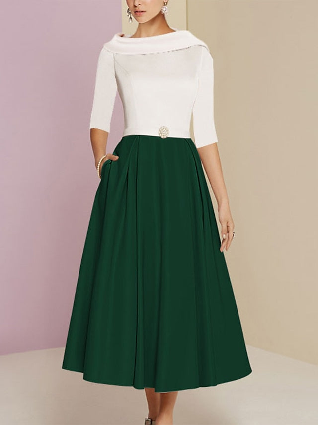 Tea Length Mother of the Bride A Line Dress with Jewel Neckline Half Sleeves Pleats and Pockets