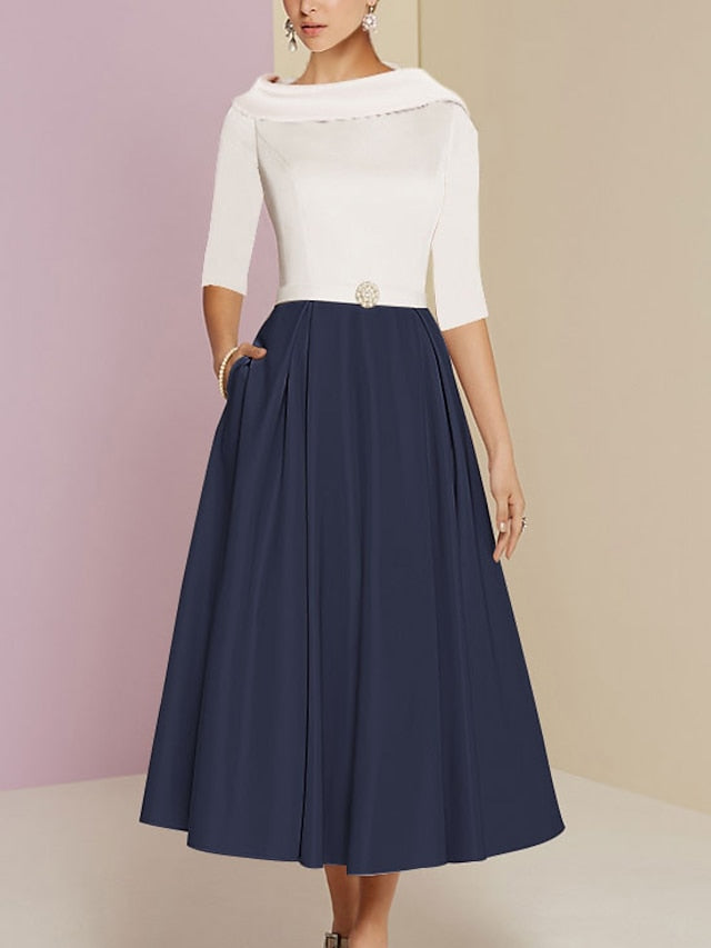 Tea Length Mother of the Bride A Line Dress with Jewel Neckline Half Sleeves Pleats and Pockets