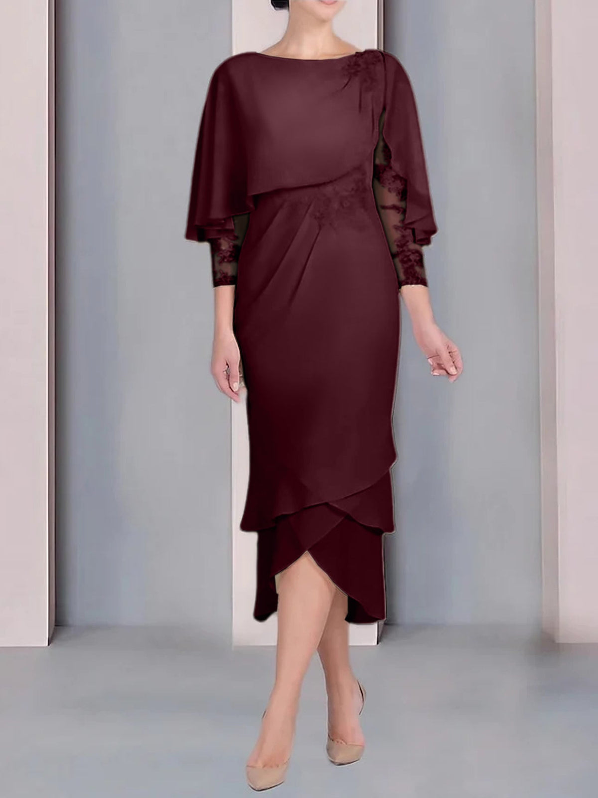Tea Length Mother of the Bride Dress with Scoop Neck Short Sleeves and Appliqued Lace