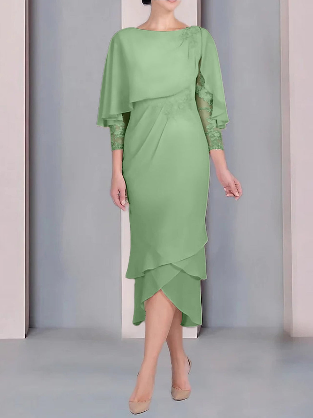 Tea Length Mother of the Bride Dress with Scoop Neck Short Sleeves and Appliqued Lace