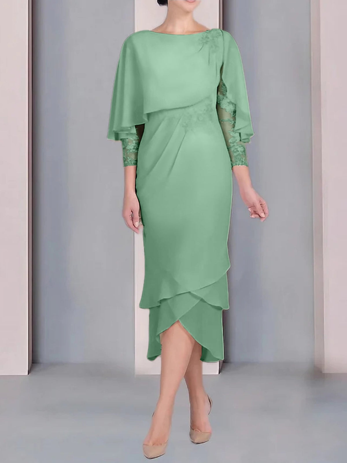 Tea Length Mother of the Bride Dress with Scoop Neck Short Sleeves and Appliqued Lace